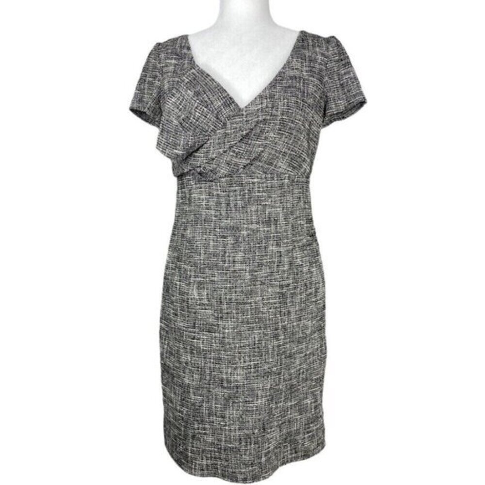 RED Valentino‎ Black White Tweed Sheath Dress Short Sleeve V-Neck IT 44 / US 6